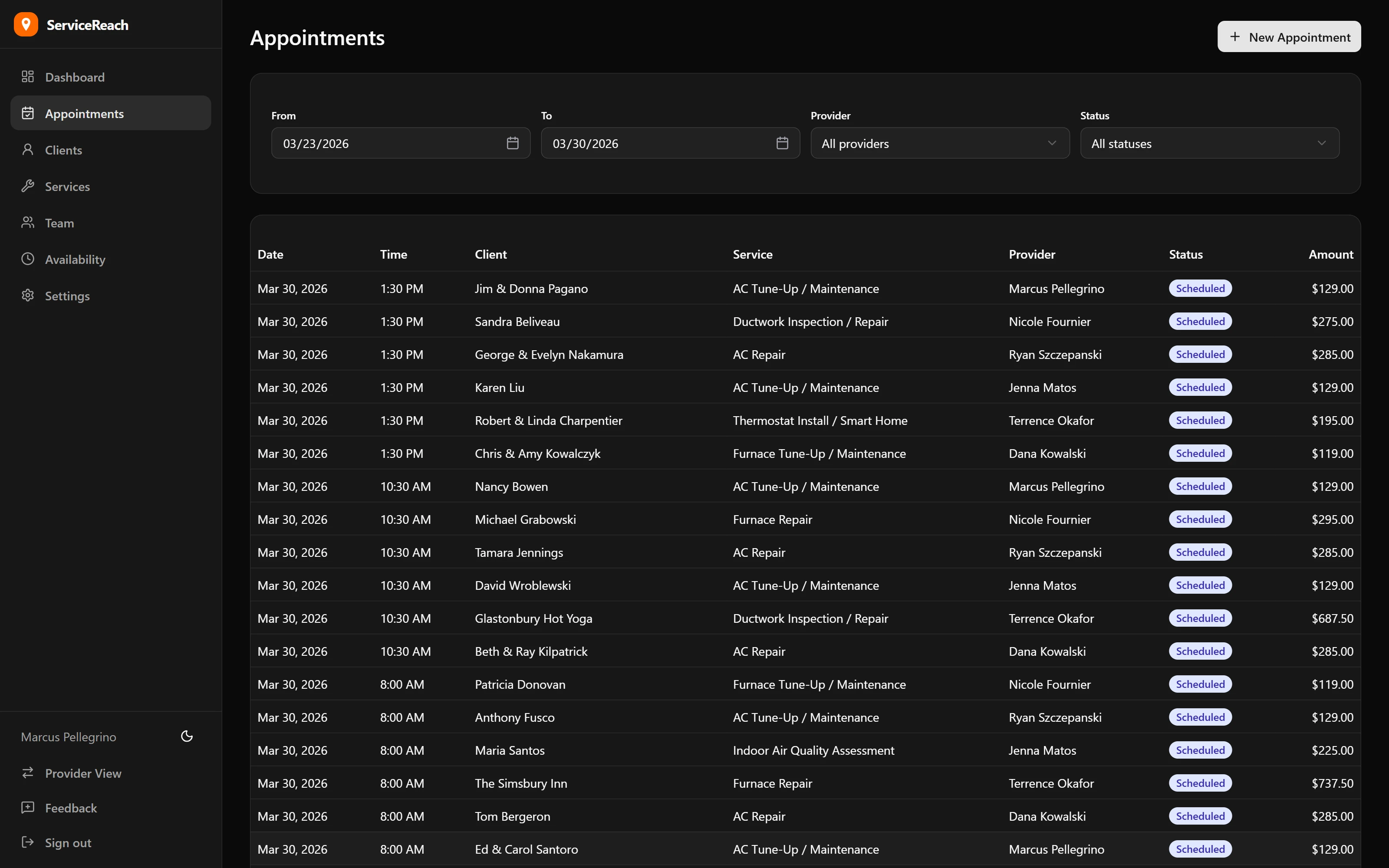 ServiceReach admin appointment management view with filtering and status tracking