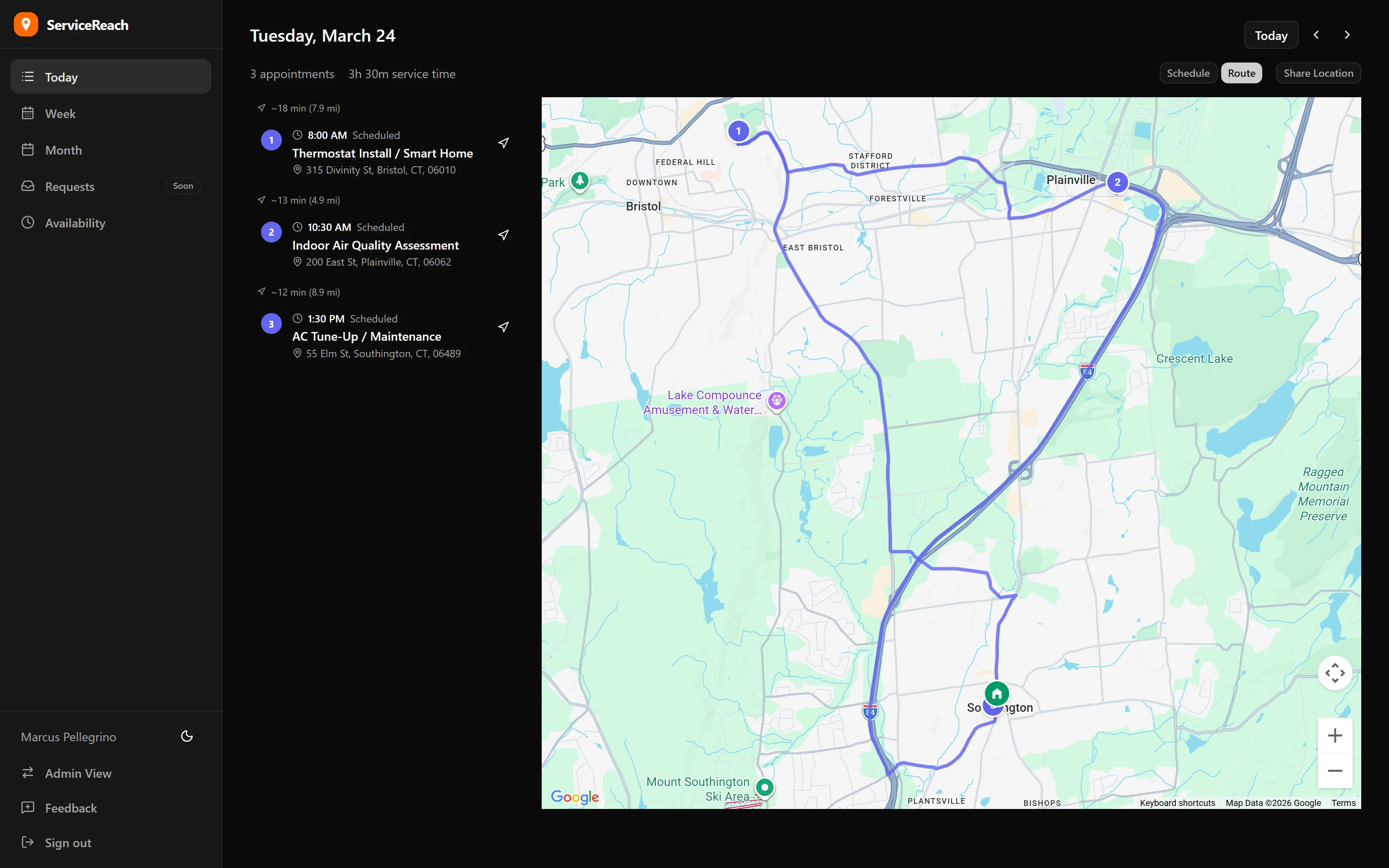 ServiceReach provider day view with interactive route map and numbered stops
